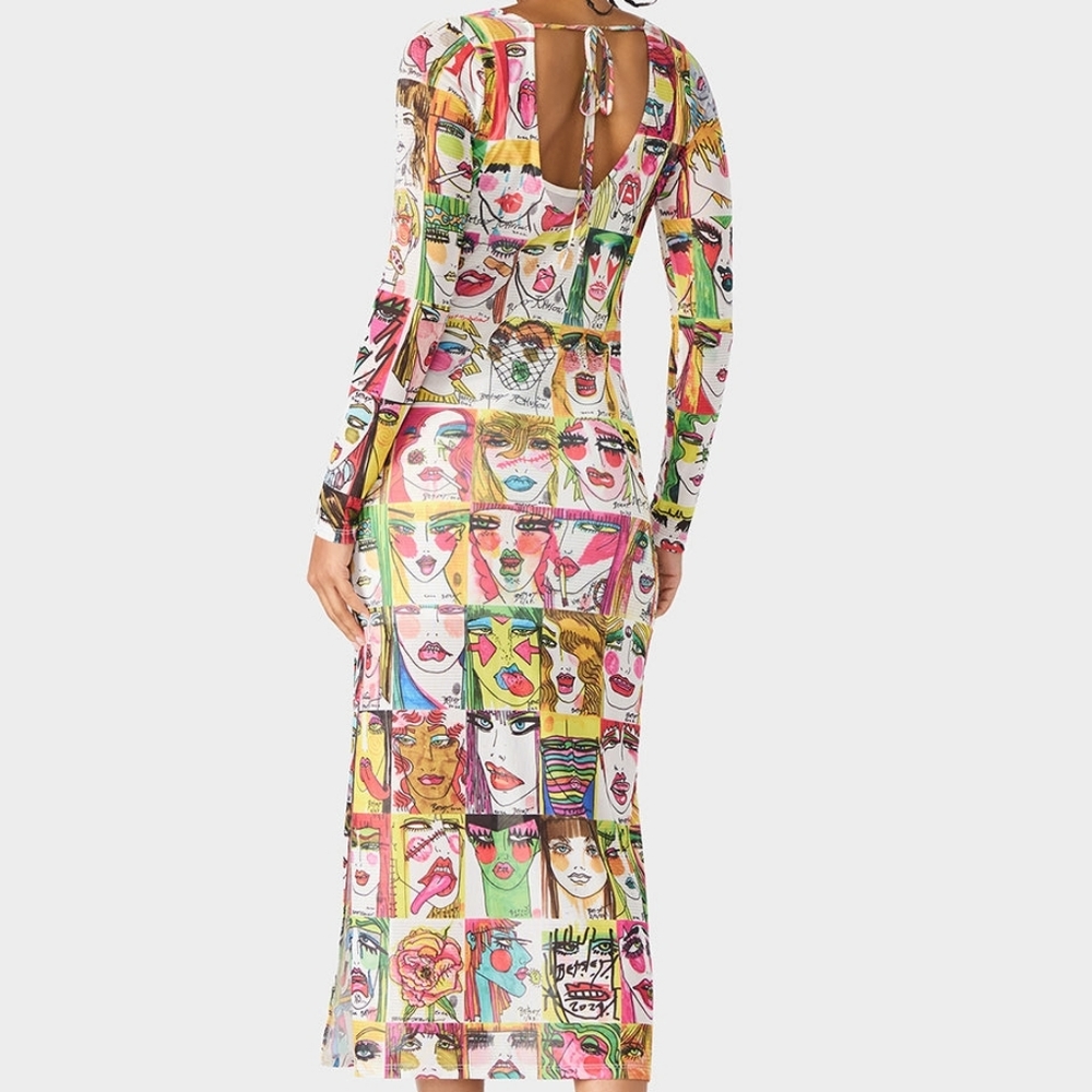 Betsey Johnson Colorful Pop Art Faces Long Sleeve Maxi Dress - Picture 9 of 9